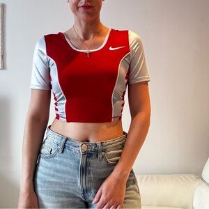 Nike Red and White Cropped Athletic Top